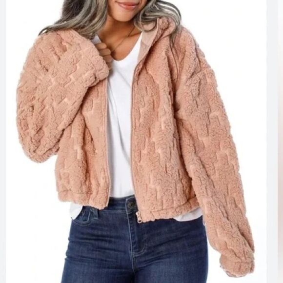 NWT Billabong Marlowe Hoodie Mauve Sherpa Fleece Teddy Full Zip Jacket Size M - Picture 1 of 11